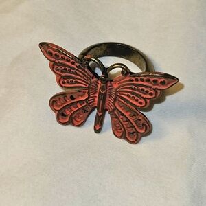 Vintage 1970s Butterfly Ring with Salmon Enamel Distressed Boho Bronze Size 8.5